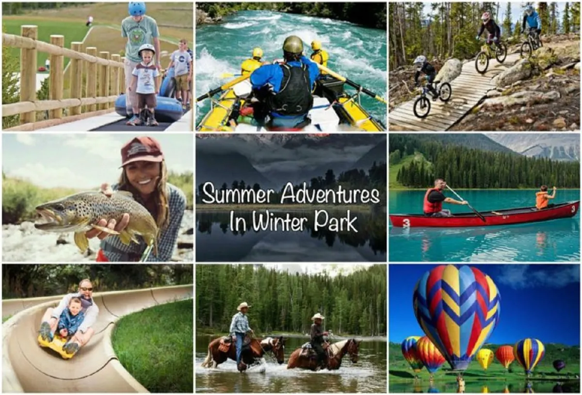 This vibrant outdoor scene captures families and adventure-seekers enjoying a variety of exciting activities: kayaking on a lake, biking on scenic trails, fishing in a stream, and children sliding down a water slide. Colorful hot air balloons float overhead, adding a festive atmosphere and a sense of boundless adventure.