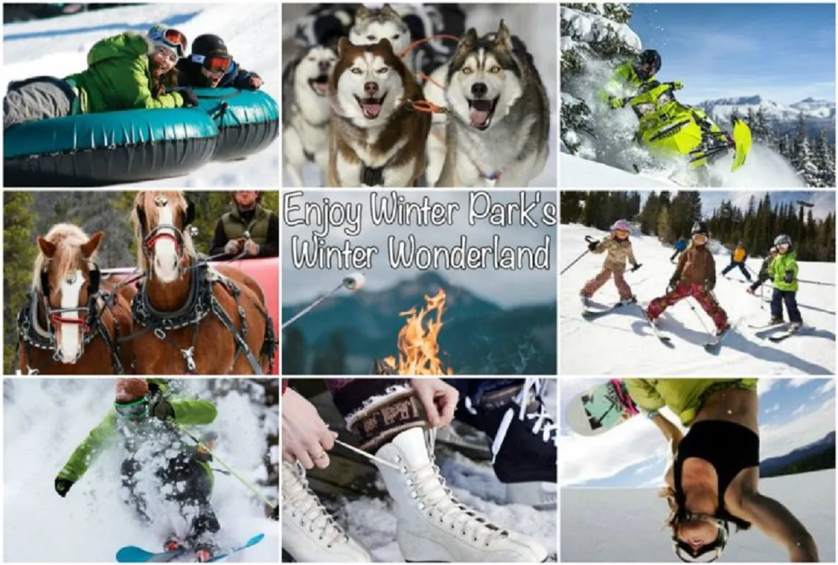 A lively winter scene featuring families and children tubing, huskies for dog sledding, snowmobiles, a campfire, kids skiing, a snowboarder, and people ice skating. The image bursts with activity and showcases a range of snowy outdoor adventures.