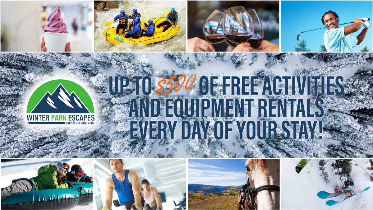 A collage of thrilling activities such as white water rafting, skiing, horseback riding, golfing, and indoor dining—all set against scenic backdrops. The image conveys variety and excitement for guests seeking seasonal adventure and relaxation.